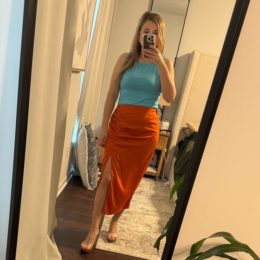 Elegant Burnt Orange Silky Midi Skirt High Slit - Picture 3 of 6